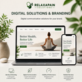 A promotional graphic for Relaxapain Solutions showing a laptop and smartphone mockup with website designs for digital solutions and branding, set on a light neutral background with decorative plants and stones.