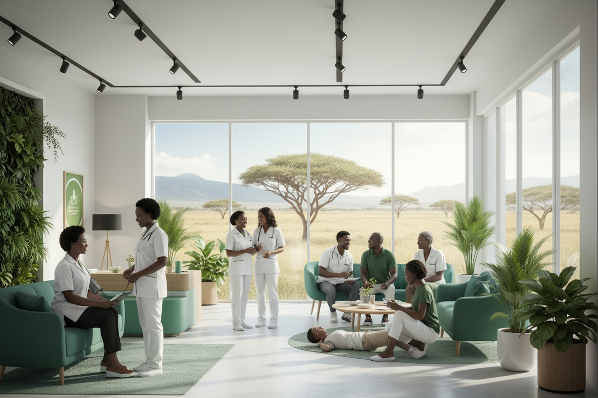 Picture of RelaxaPain Solutions A bright, modern wellness or clinic lounge with large windows overlooking an African savanna landscape. Several people in white medical uniforms are seated and standing in a bright room with teal chairs, potted plants, and track lighting.